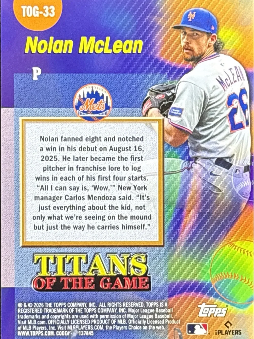 Topps Nolan McLean Rookie Holographic Card - Titans of the Game